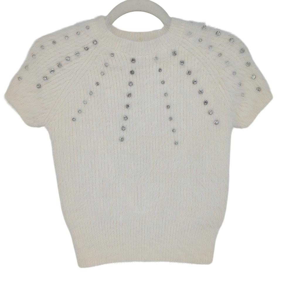 Muse Short Sleeve Fuzzy Crystal Embellished Sweater XS Ivory‎ Coquette 90s Glam - Picture 3 of 14